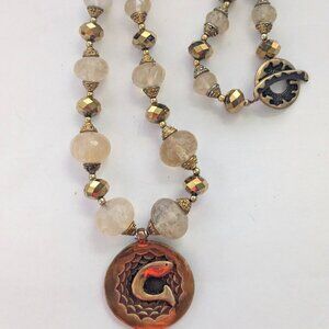 SAKI Bronze Faceted Glass Beaded Koi Fish Pendant Toggle Clasp Necklace